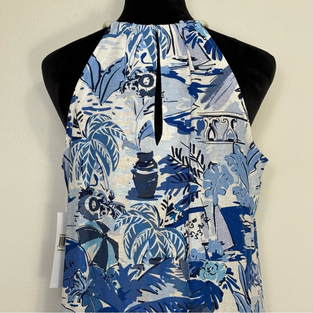 London Times Linen Blend Halter Sleeveless Seaside Print Shift A-Line Dress 8-10 - Picture 7 of 12